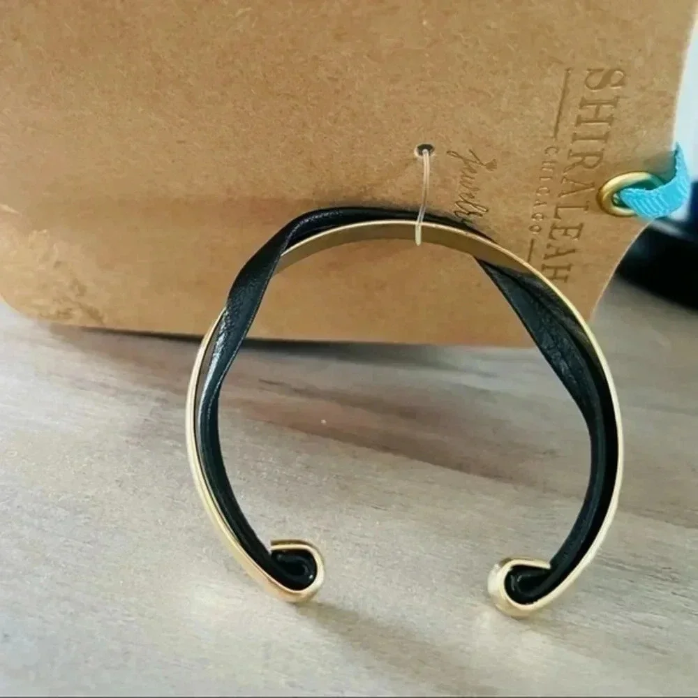 Anthropologie Shiraleah Chicago Verna cuff bracelet brass and black leather NWT